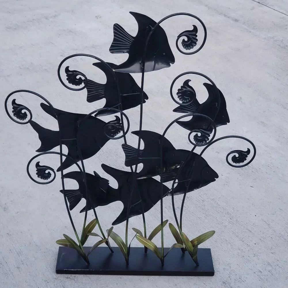 Metal Angel Fish Sculpture Standing Decor Banded Angelfish